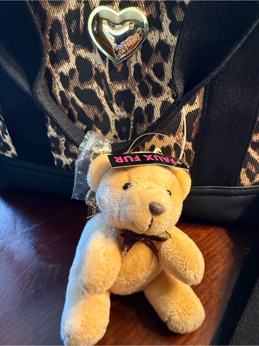 Betsey Johnson Leopard Print Tote with Black Trim and Plush Bear Charm - Picture 2 of 6